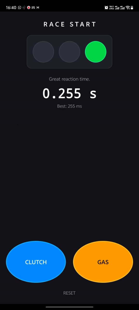 Race Start result screen showing 0.255 second reaction time